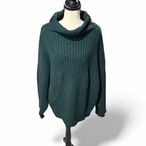 Free People Oversized Cowl Neck Chunky Knit Sweater Forest Green XS‎